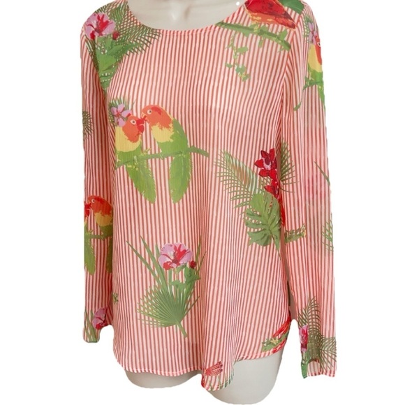 NEW Lemon Way Striped Tropical Lightweight Scoop Neck Long Sleeve Blouse Top XS - Picture 2 of 7